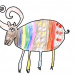 Drawing of an ox colored with multicolored stripes