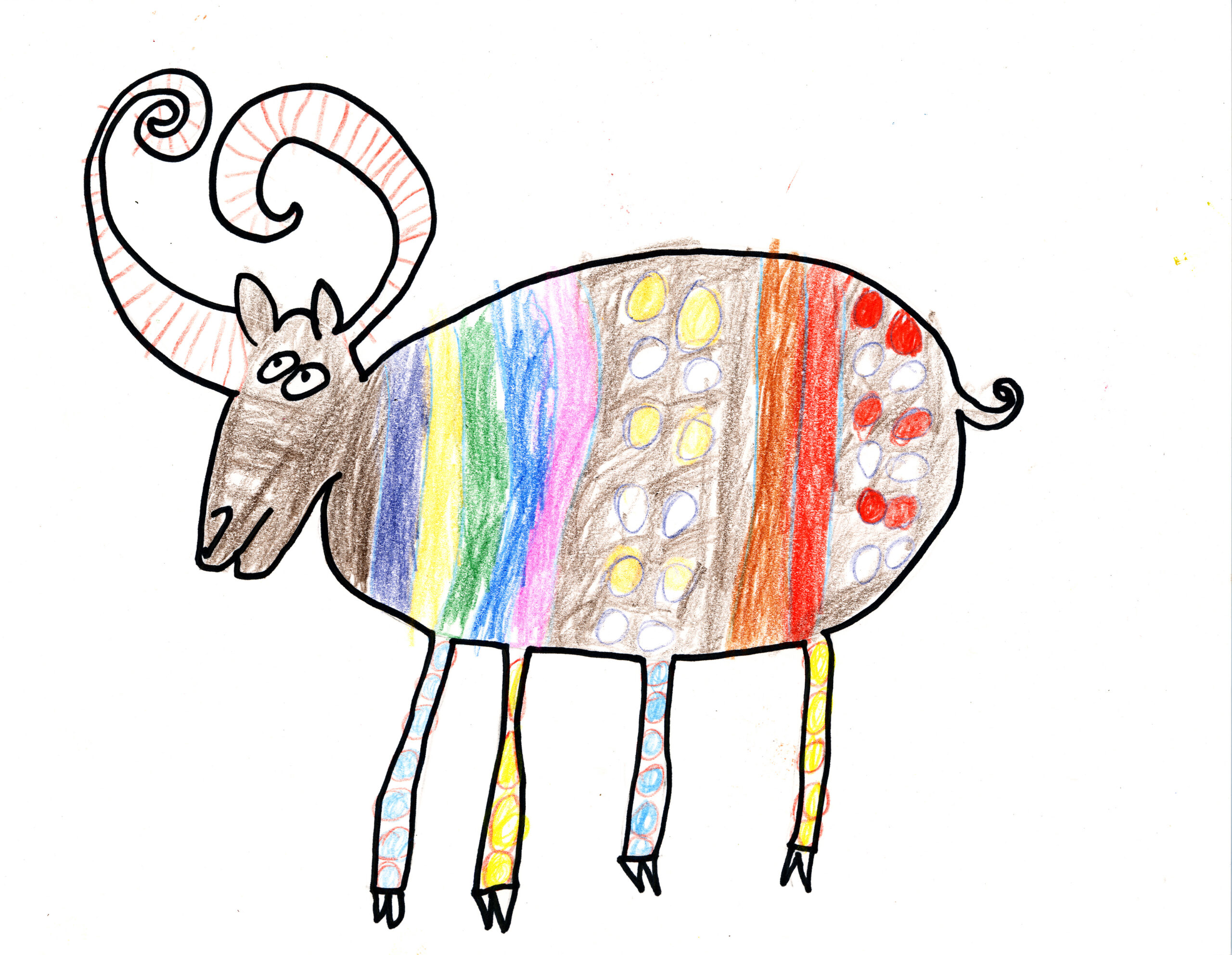 Drawing of an ox colored with multicolored stripes
