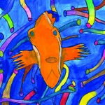 Painting of clownfish with blue background and colorful shapes