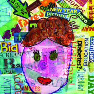 Word collage with neon paint and girl face painted over word collage