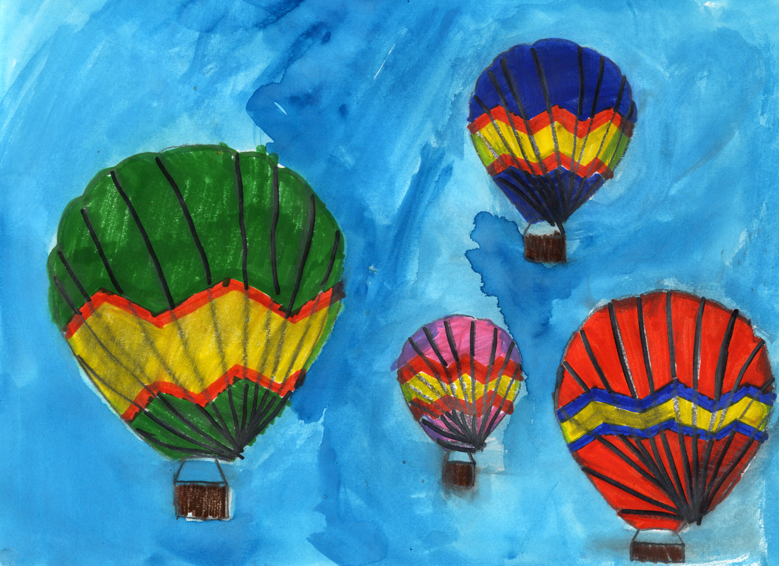 Painting of hot air balloons in the sky