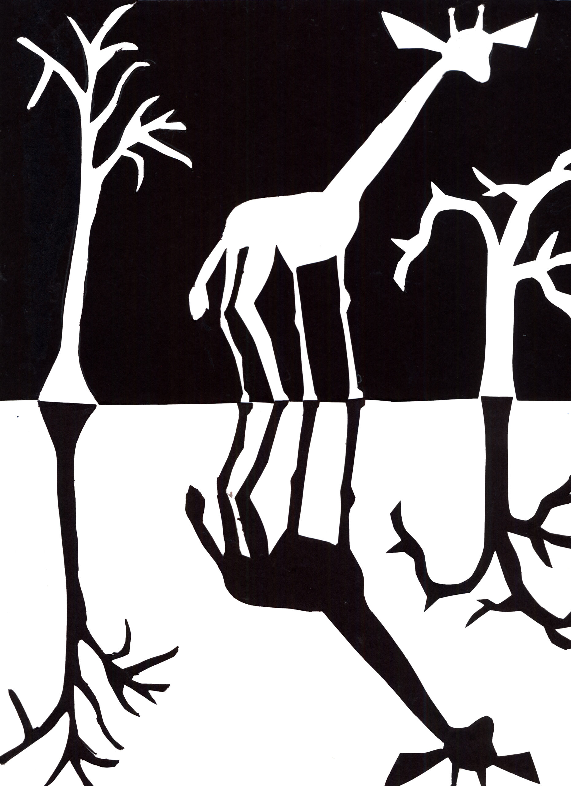 Black and White painting of giraffe with shadow