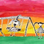 Watercolor sunset with drawing of two girls and swingset
